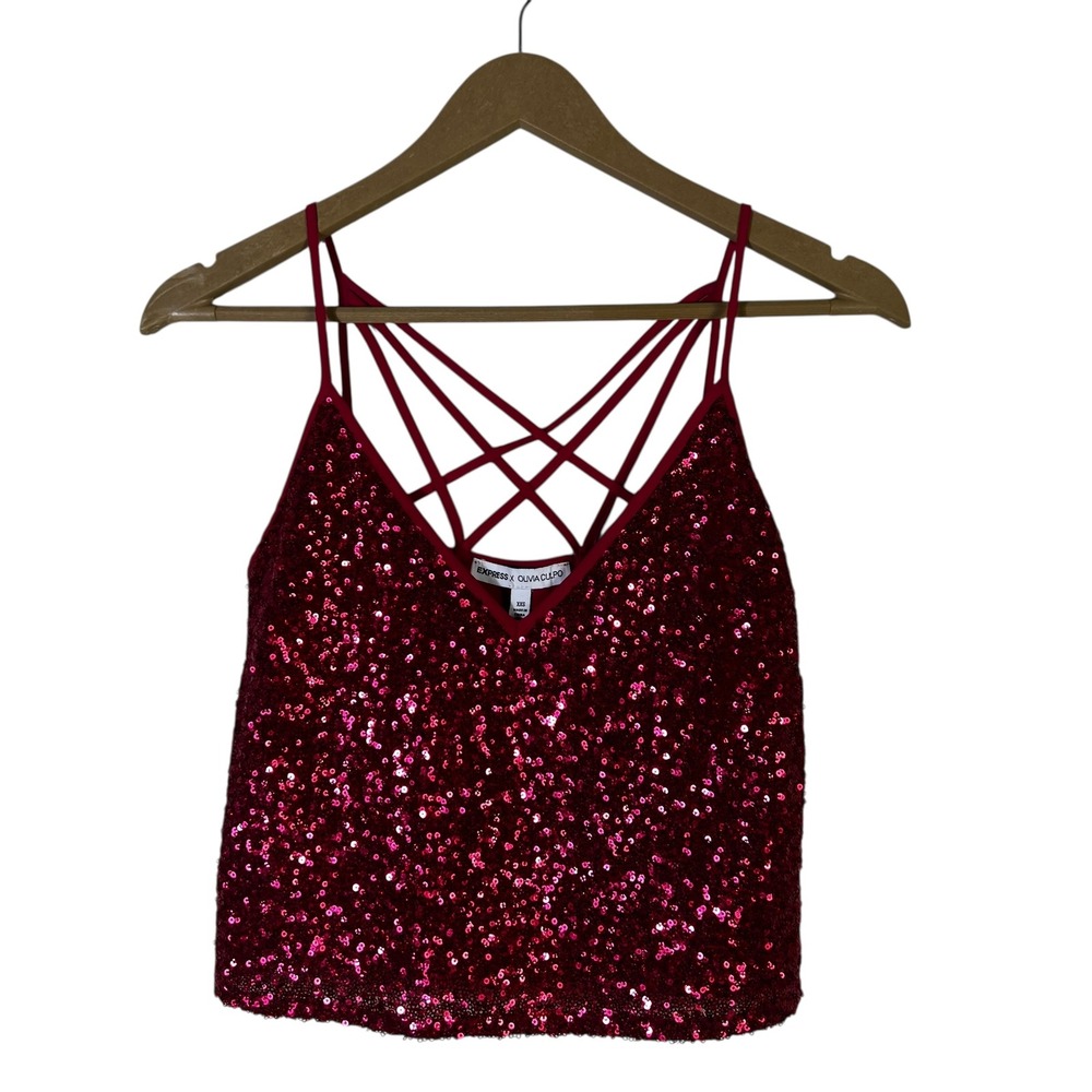 Express x Olivia Culpo Pink Sequin Lattice Strap Cami Tank Top XXS
